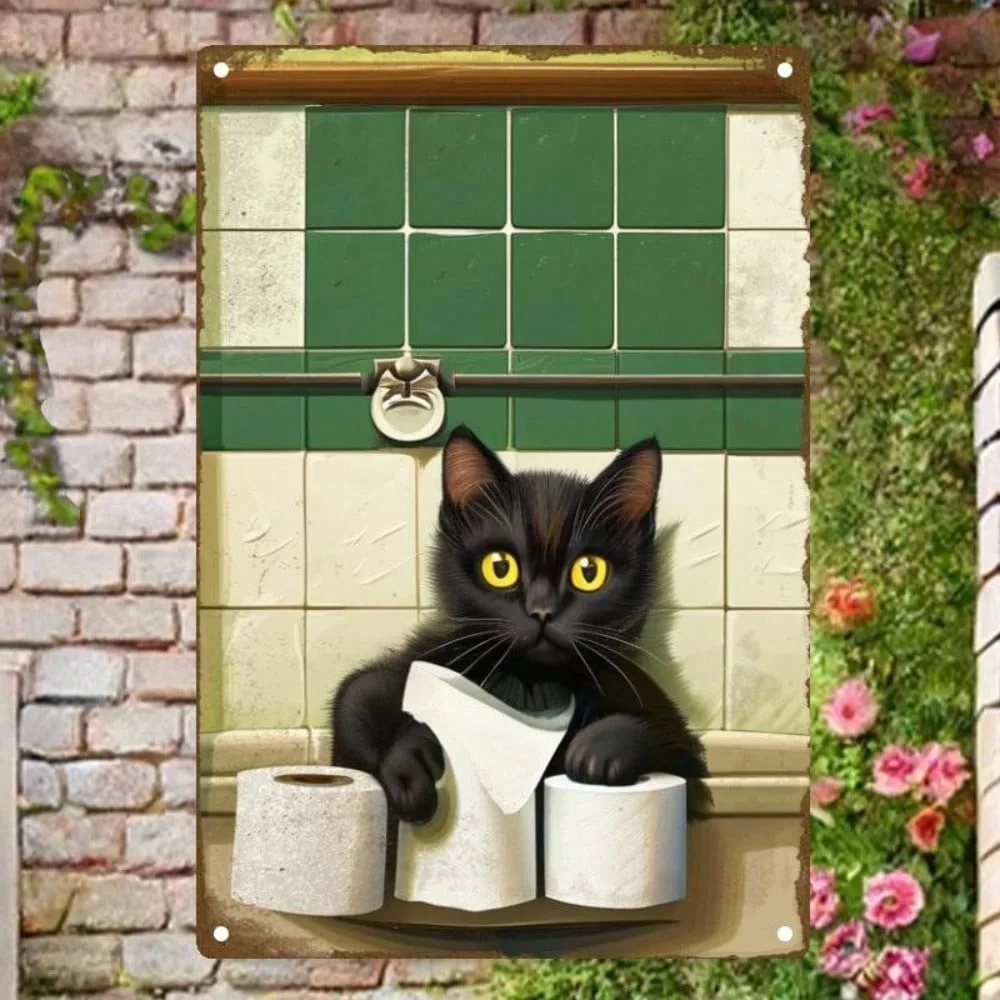 

Vintage Art Deco Cat Metal Wall Sign For Ramadan 2026 & Valentines Decor - Floral Crown Black Cat Decor, 8x12 Inch Tin Sign For