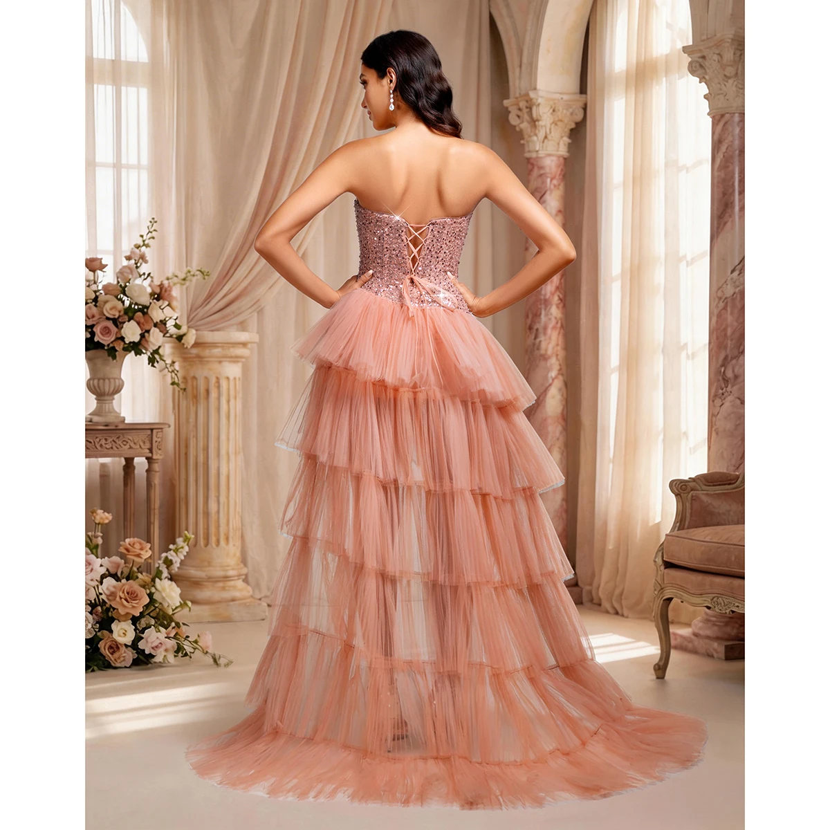 VIPGIRL Blush Pink Strapless Prom Dress Sequined Tiered Tulle High Low Lace Up Evening Gown