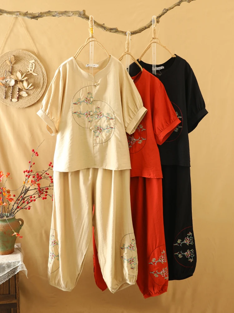 

Fashionable Tunic Top And Lantern Pants Two-Piece Set Large Size Button-Up Silk-Mixed Cotton Embroidered Summer Outfit for Wo...