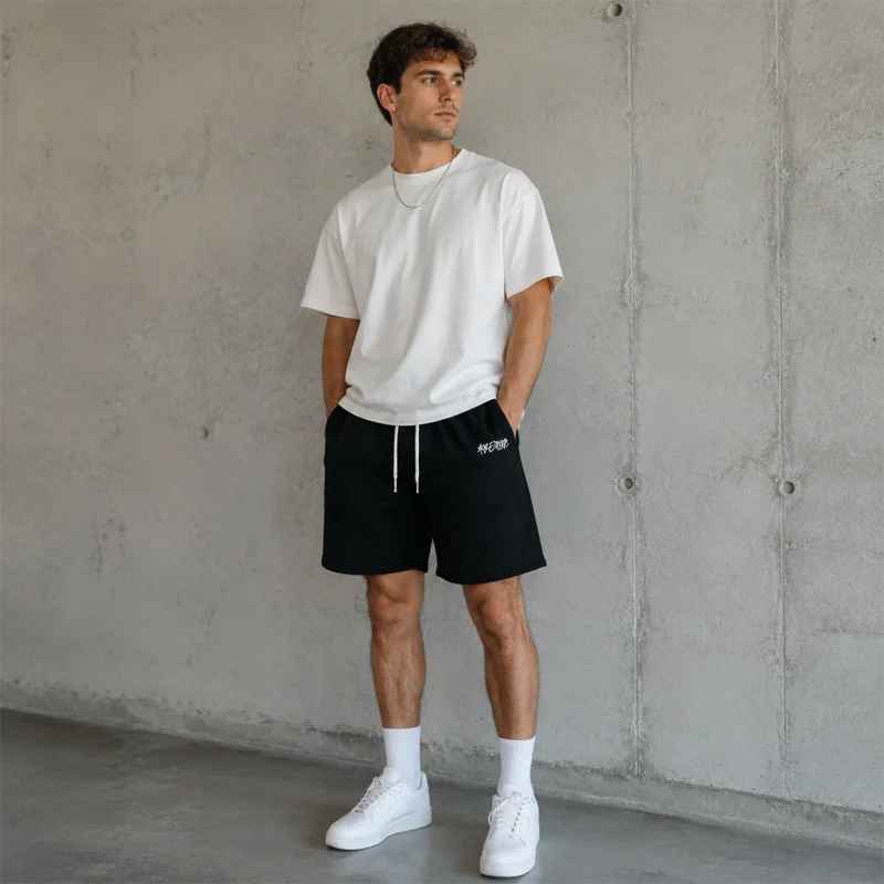 Men Embroidered Black Sweat Shorts Elastic Drawstring Loose Fit Side Pockets Casual Gym Streetwear Summer Workout Jogger Shorts