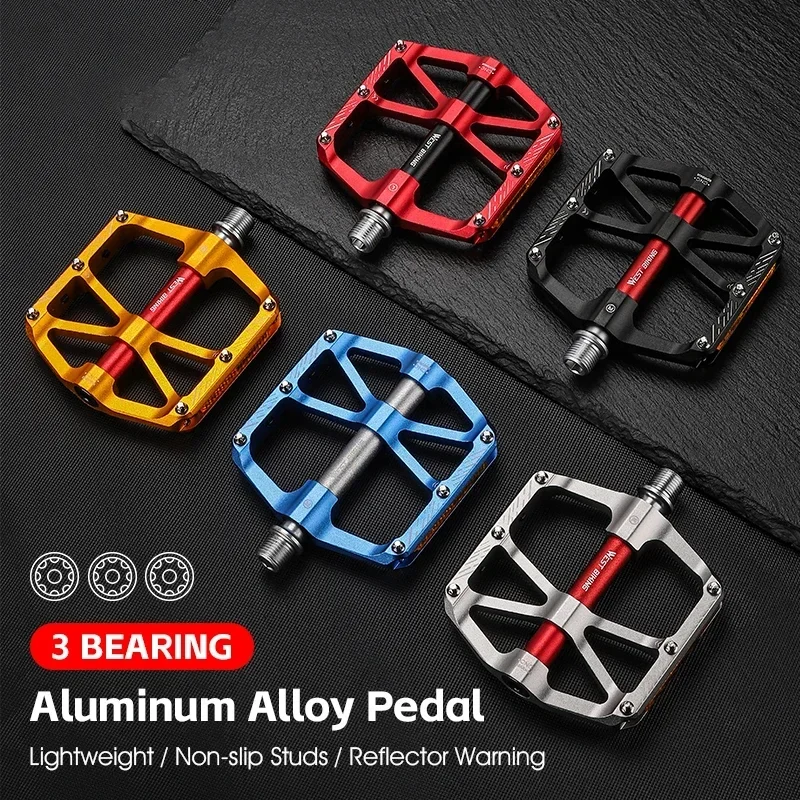 WEST BIKING Bicycle 3 Bearings Pedals 5 Colors Aluminum Alloy Ultralight MTB Pedals Safety Reflective Road Bike Flat Pedals