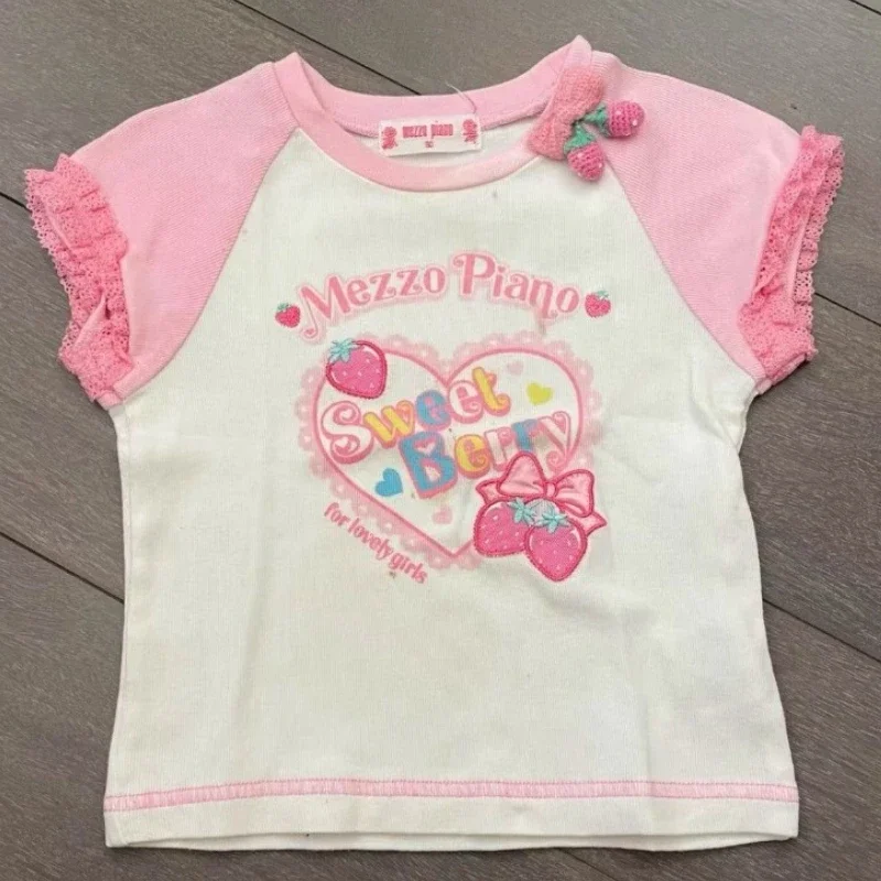 

Japan Embroidered Strawberry Print Tee Women Short Sleeve Patchwork Kawaii T Shirt Lace Trimmed O Neck Cute Girl Top