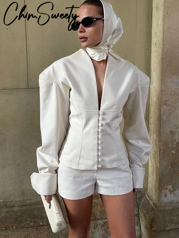 أزياء المرأة اللون المتطابقة شريط محبوك السراويل دعوى قصيرة الأكمام بدوره إلى أسفل طوق سيدة مجموعات 2025 الصيف 2 قطعة مجموعة #1