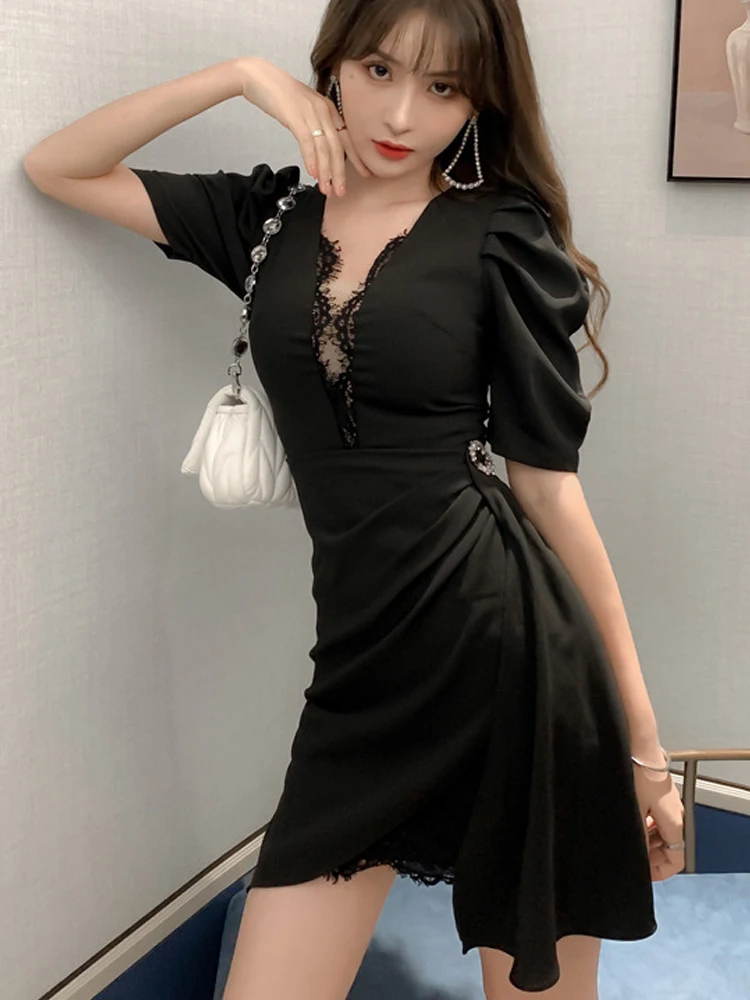 French Chic Sexy Dresses for Women 2023 Black Lace Puff Sleeve Folds Asymmetrical Mini Dress Femme Vacation Party Club Vestidos