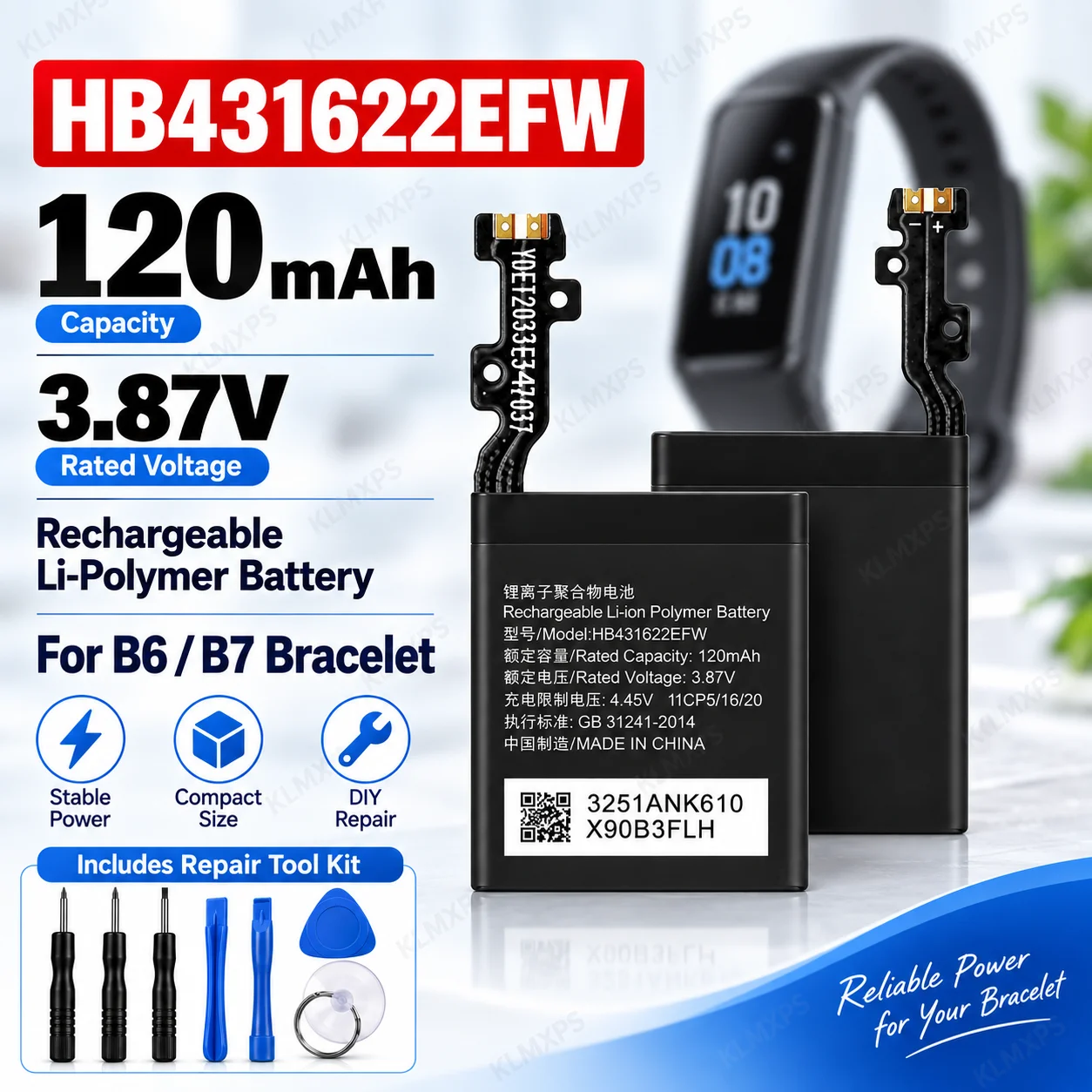HB431622EFW Battery 120mAh 3.87V Li Polymer Rechargeable Battery Replacement for B6 B7 Smart Bracelet Watch Repair with Tool Kit