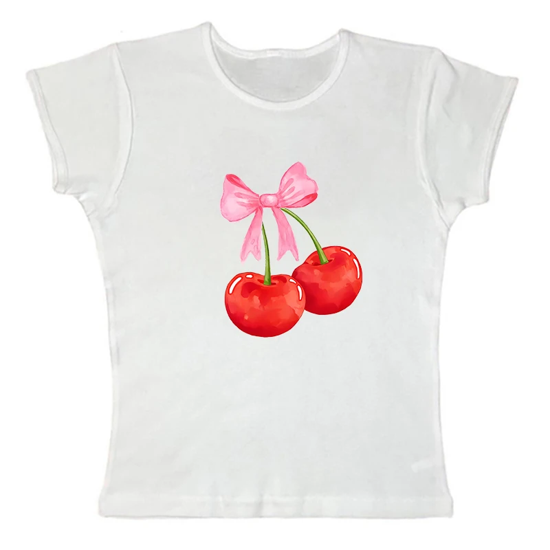 Y2k cherry print round neck T-shirt Y2k top casual women's round neck top summer retro 2000s top sexy T-shirt street top EMO