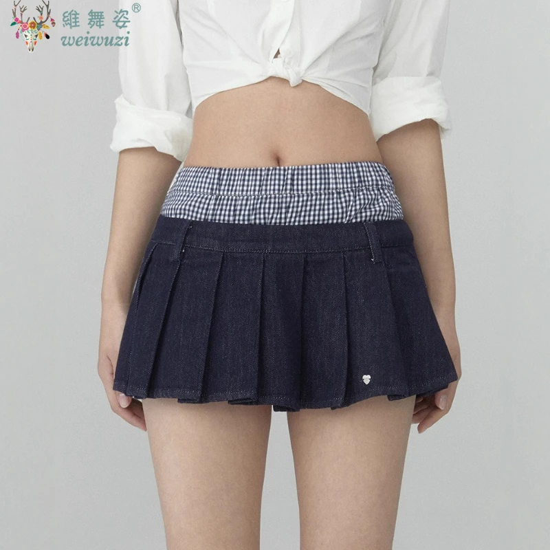 

Женская джинсовая плиссированная юбка, корейская трапециевидная юбка Y2k, милая клетчатая лоскутная мини-юбка, хлопковая винтажная повседневная модная дизайнерская джинсовая юбка