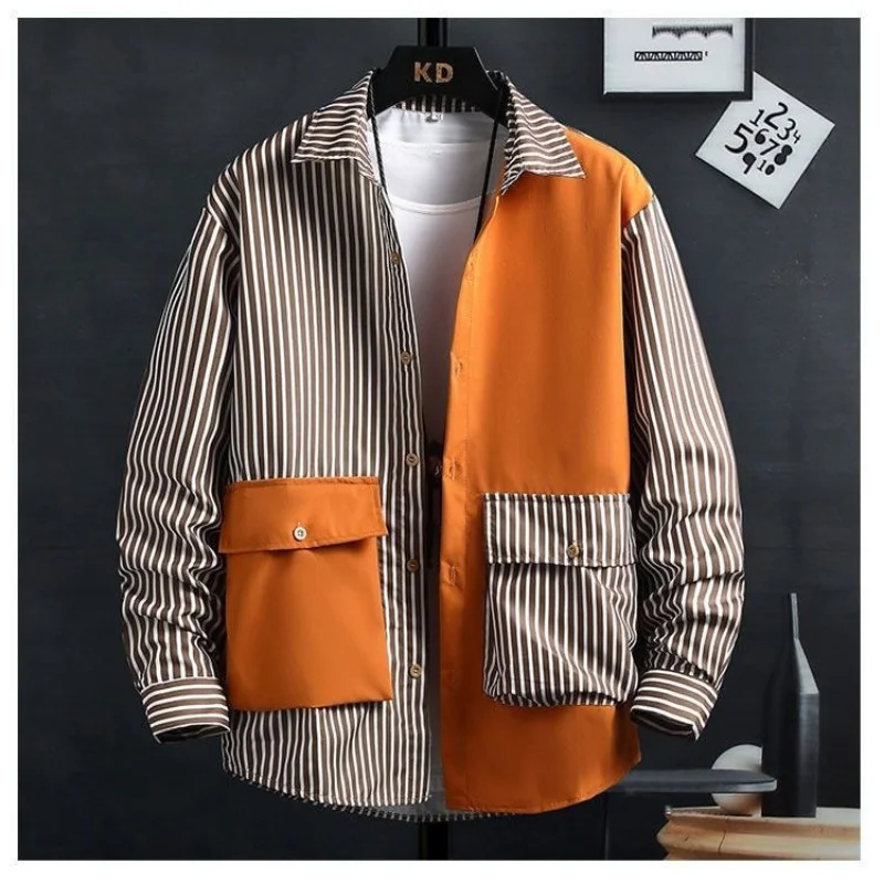 

Long Sleeved Shirt Coat Men Korean Fashion Jackets New Stripe Tops Pocket Leisure Brand Men's Clothing