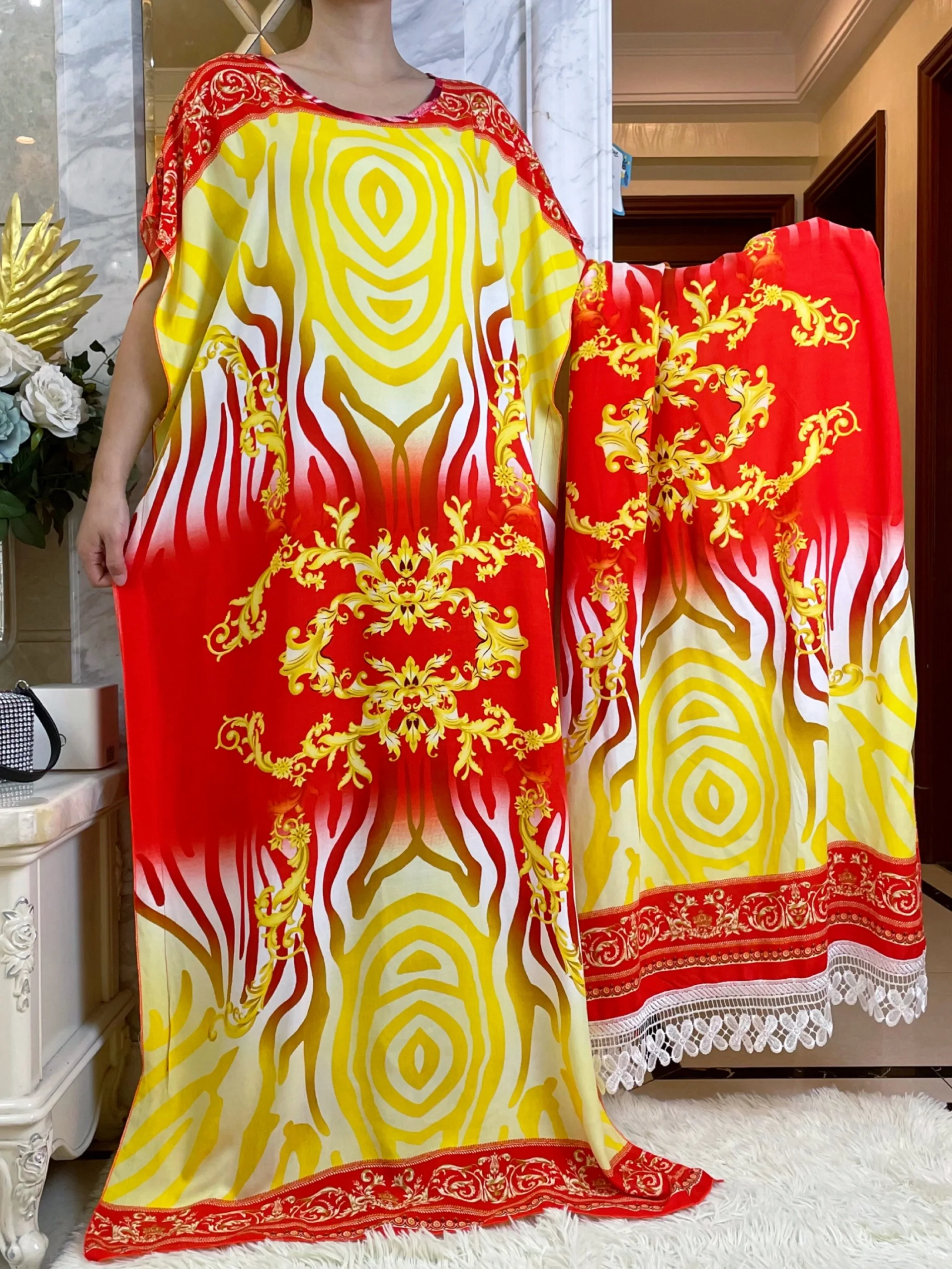 2023Summer African Dress With Big Scarf Short Sleeve African Dashiki Floral Print Cotton Caftan Lady Summer Maxi Casual Dress