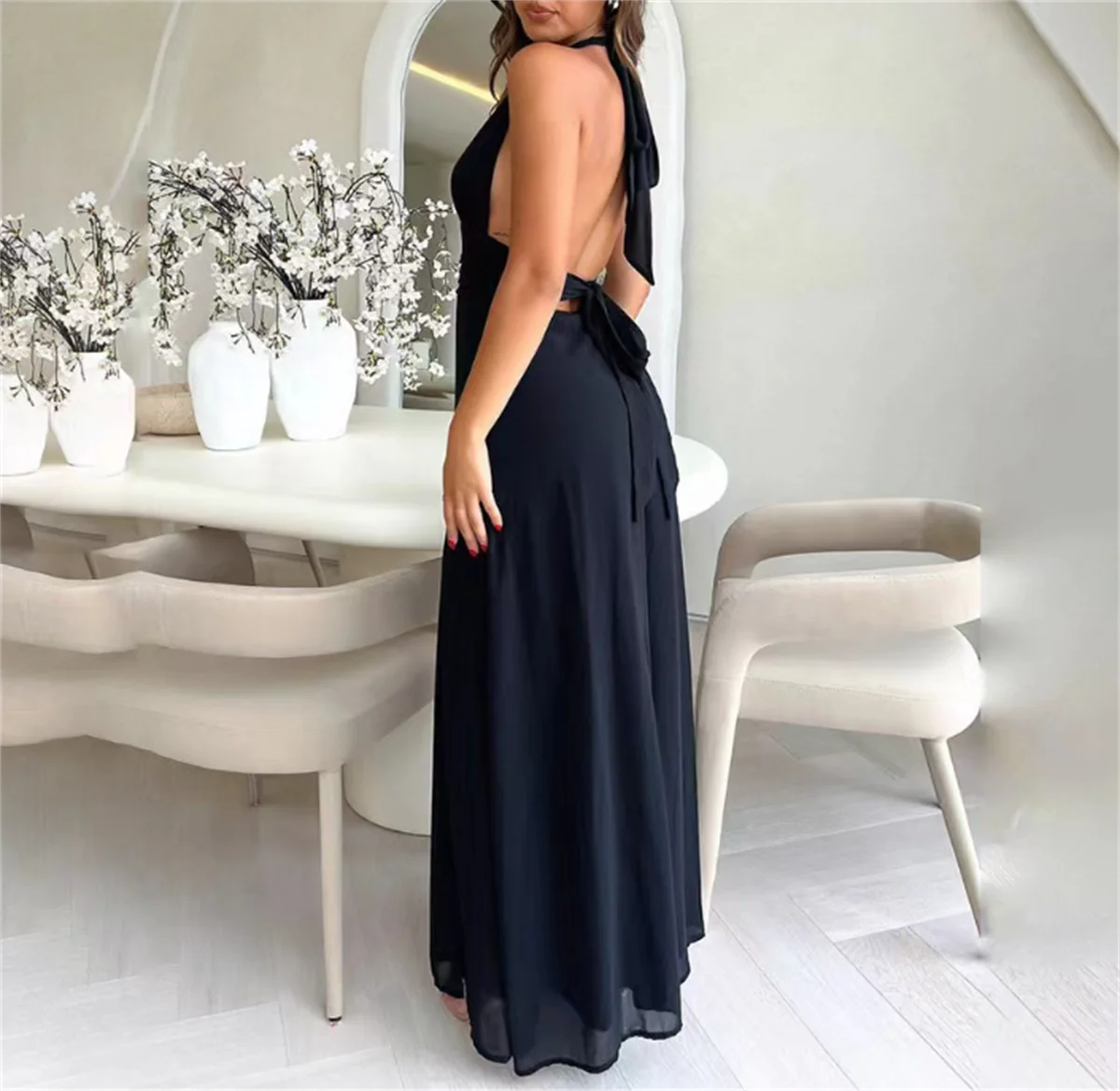 Elegancka sukienka z odkrytymi plecami bez rฤkawรณw z dekoltem w szpic sukienki z wysokim stanem 2024 Sexy Fashion Party damski klub elegancji