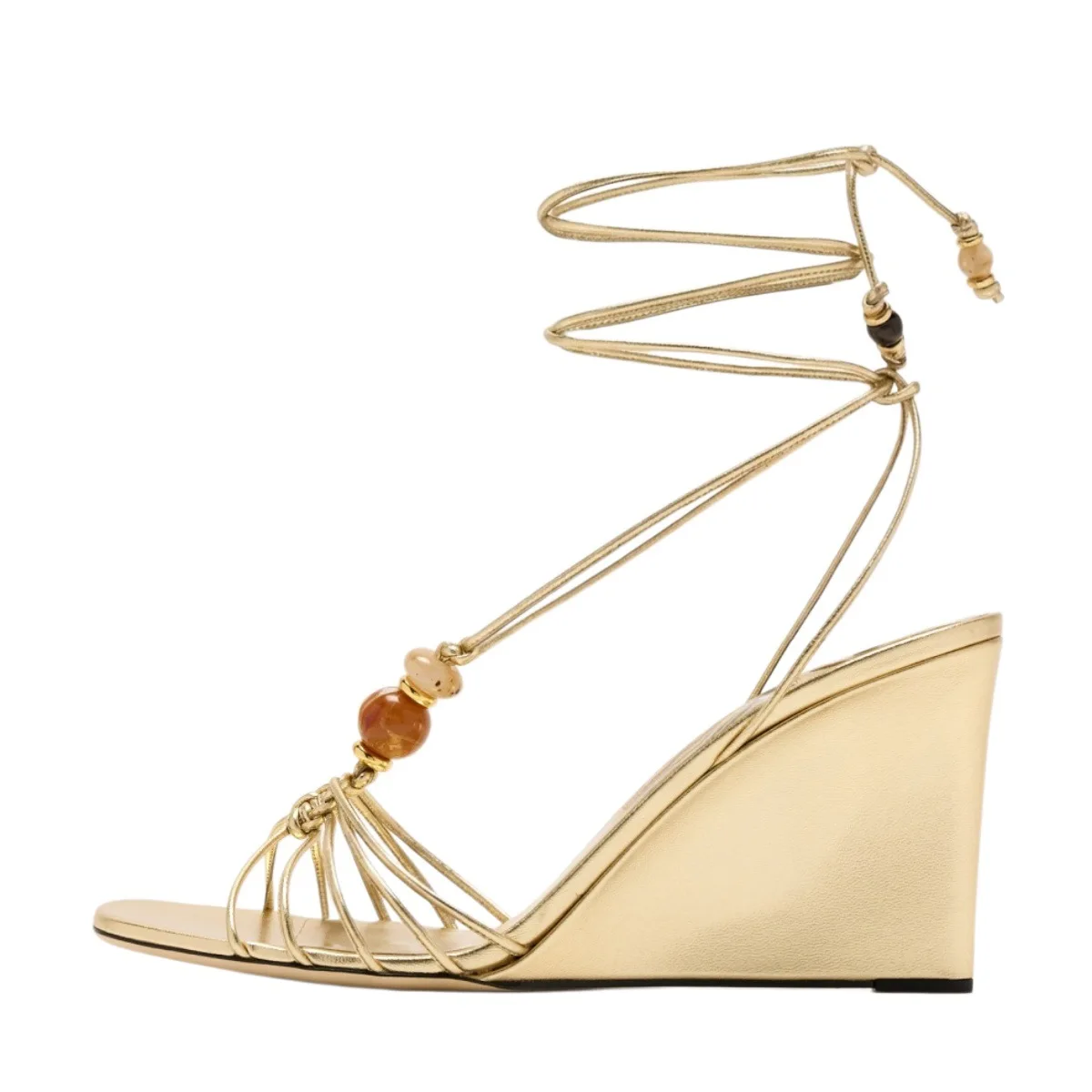 High Wedge Cutout Sandals Womens Gold Metallic Leather Thin Interlaced Straps Natural Bead Ornament Wrap Ankle Lace Bohemian
