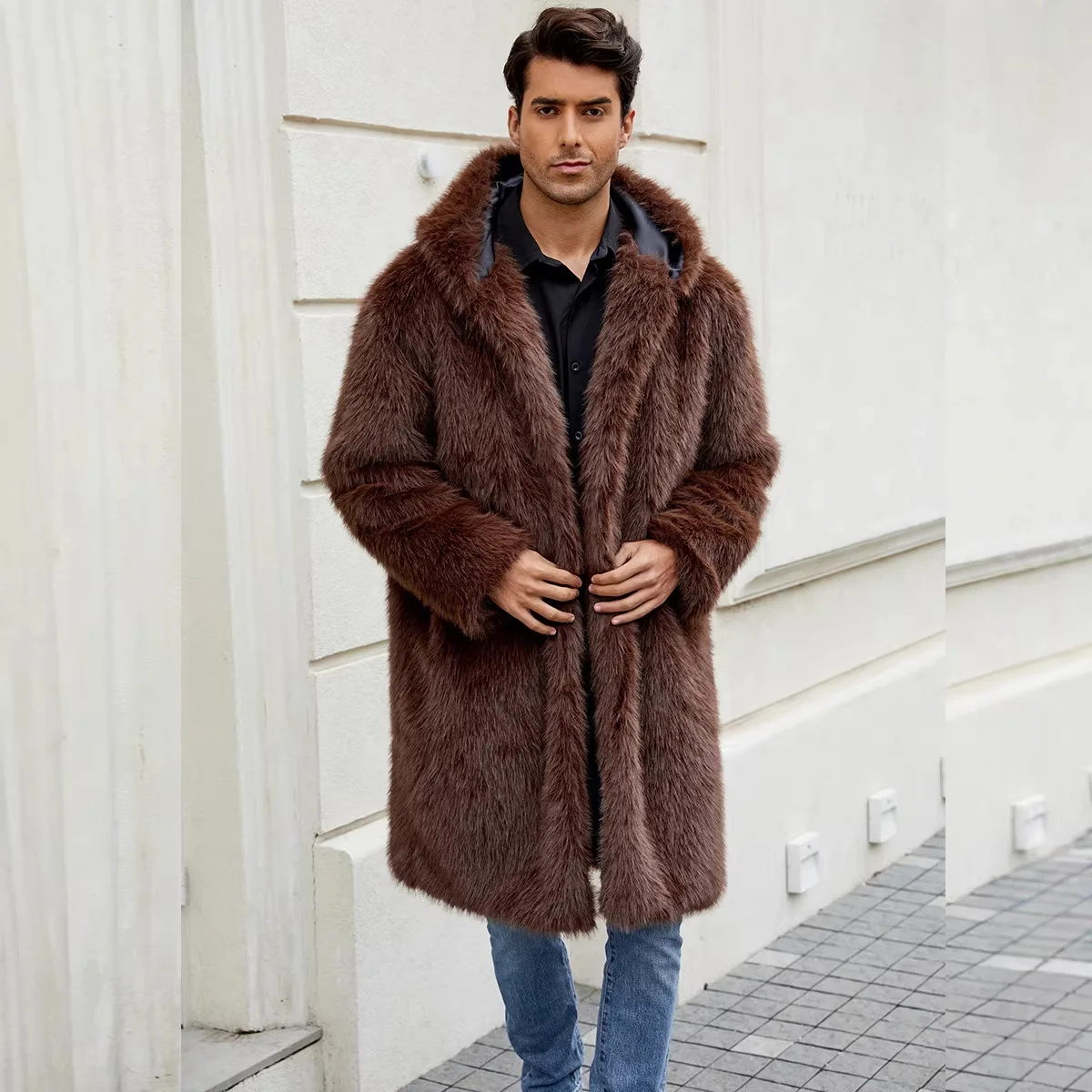 Men Long Hooded Faux Fur Coat Open Front Loose Thick Warm Work Casual Fluffy Jacket Pockets Y2k Streetwear 2026 Autumn Winter