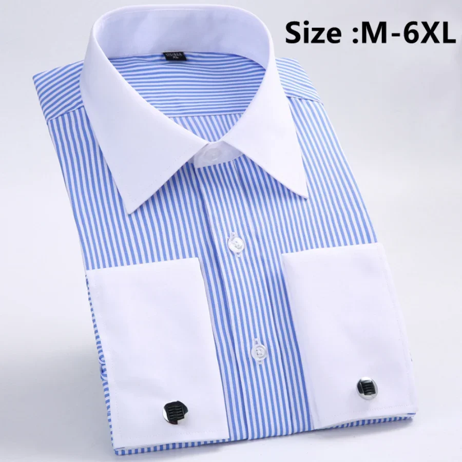 2024Quality Gentle Formal Mens French Cuff Dress Shirt Men Long Sleeve Solid Striped Men\'s Shirts Cufflink Include Casual Shirts