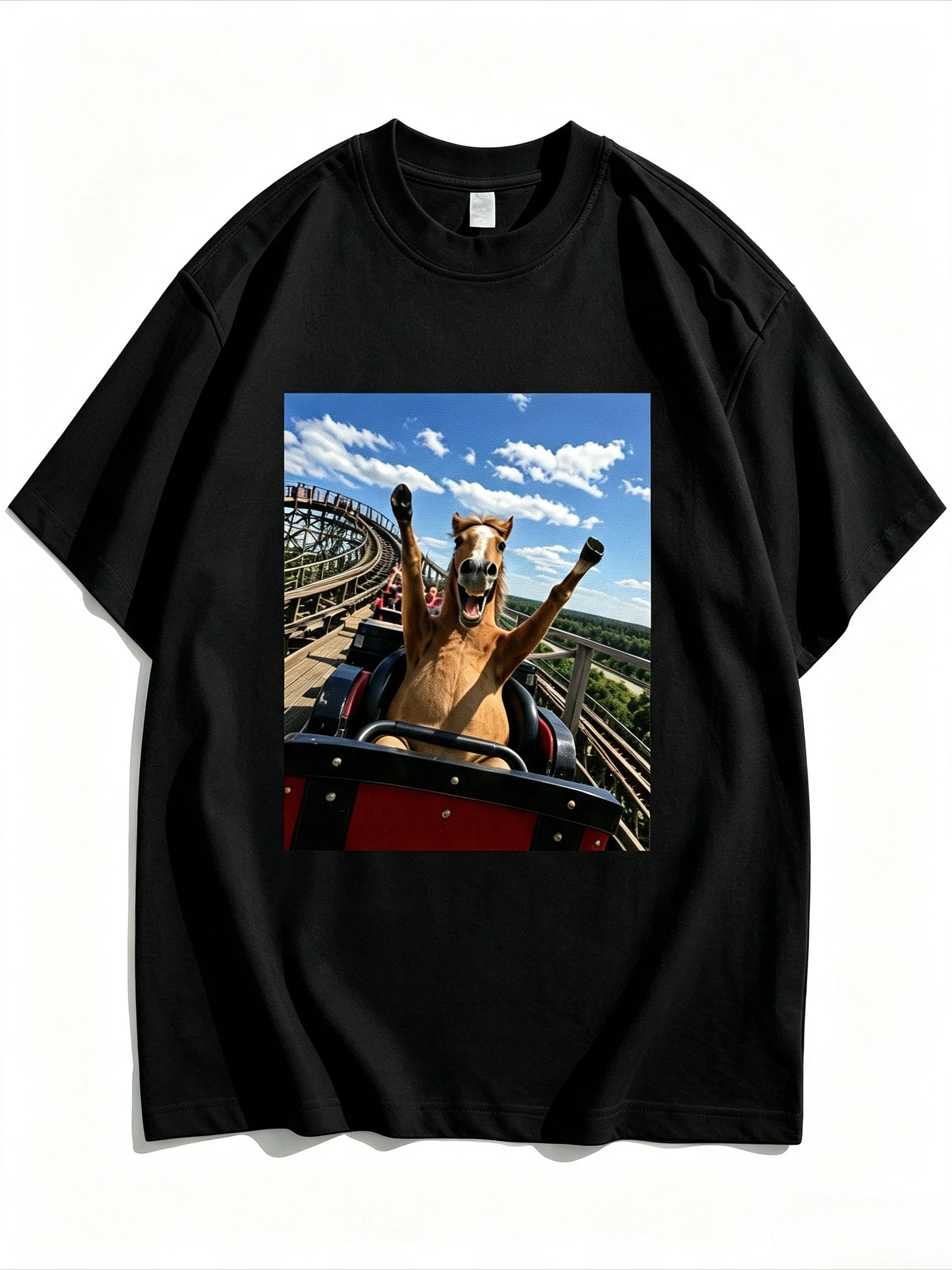 Funny Excited Mini Pony Roller Coaster Graphic T-shirt Men Women Cute Animal Meme Print Short Sleeve Casual Streetwear Tops