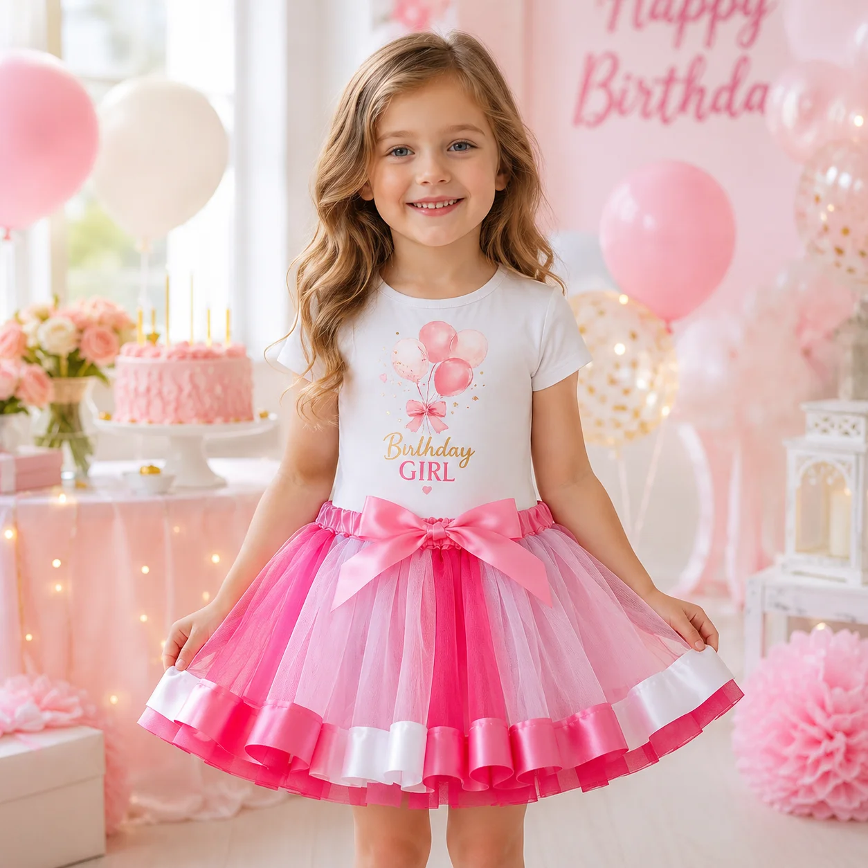 Kinder Geburtstag Mädchen 2-teiliges Outfit Rosa Bedrucktes T-Shirt Flauschiger Mehrlagiger Tüllrock Mädchen Prinzessin Geburtstagsparty Kostüm