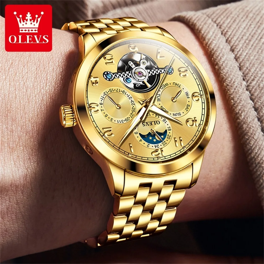 OLEVS 7018 Full Gold Watch for Men Multi-function Automatic Mechanical Watch for Man Original Brand