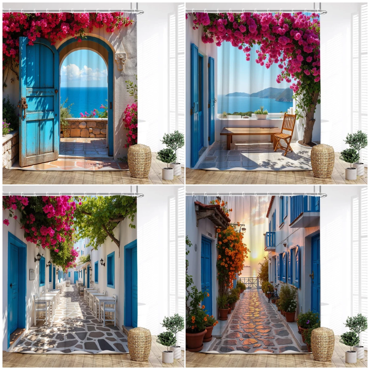 

Средиземноморский пейзаж, занавески для душа, приморское синее и белое здание, цветы, сумерки, океанский пейзаж, домашний декор для занавесок для ванной комнаты