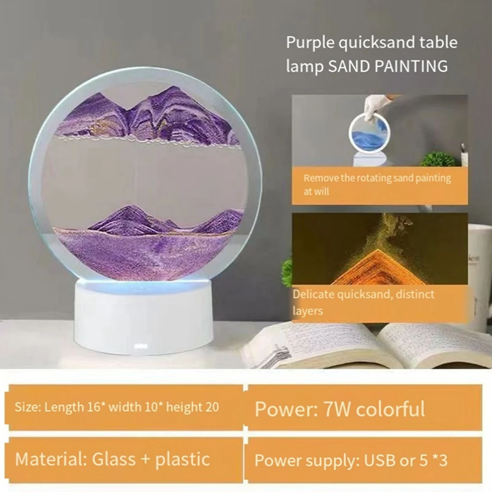 Lampada da tavolo USB con pittura a sabbia fluida 3D HW, clessidra mobile Luce notturna con pittura a sabbia di paesaggio marino profondo, oro durevole facile