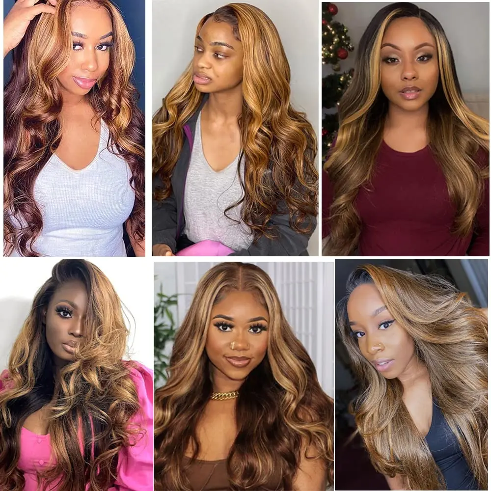 Onda do corpo Lace Frontal Cabelo Humano Pacotes com Fecho, Extensões Honey Blonde, 13x4, 26 em, 28 em, Cor # P4/27