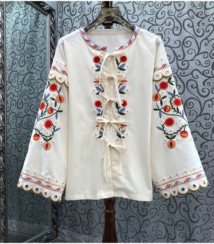 

100%Linen Tops 2024 Spring Fashion Coats High Quality Women Colorful Floral Embroidery Bow Deco Long Sleeve Vintage Coat Outwear