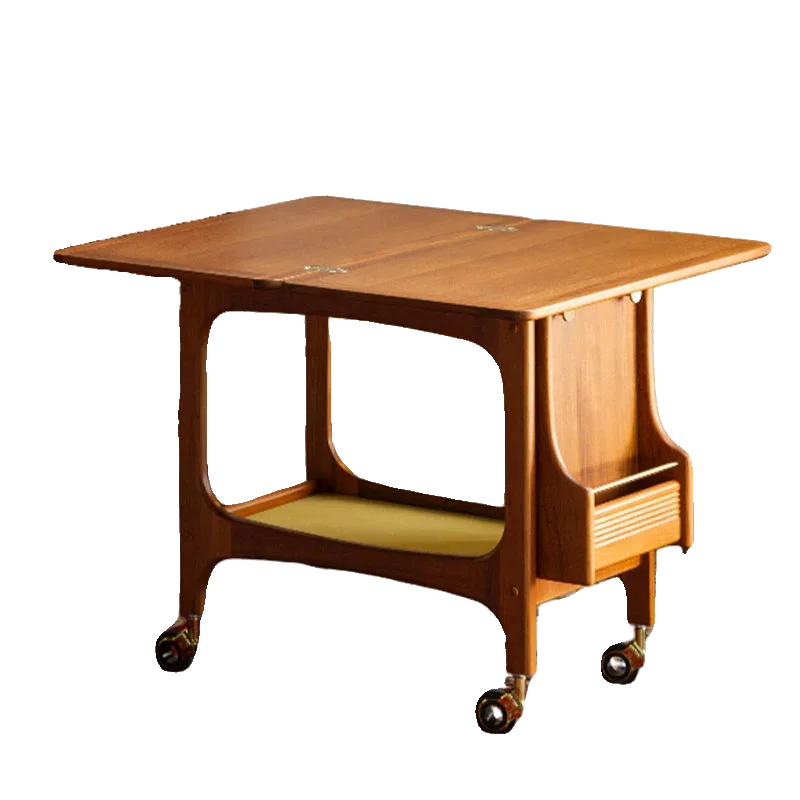 Solid wood tea table multi-functional mobile side table living room household small apartment teak cart folding desktop