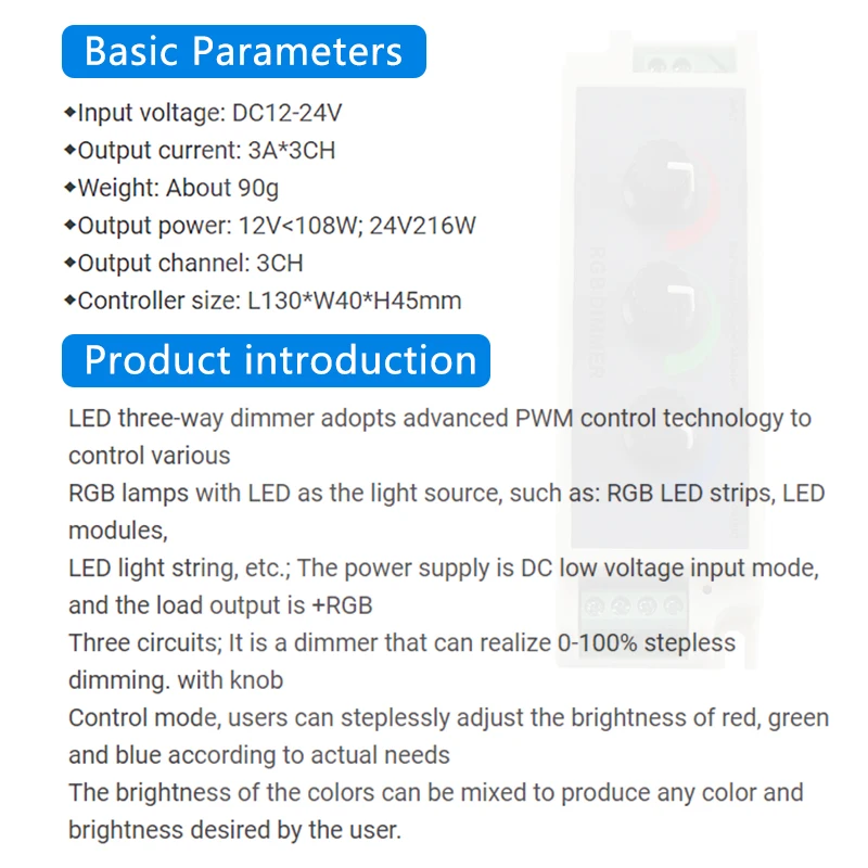 RGB Knob Controller DC 12V 24V 9A Constant Voltage PWM 3-Way Rotary Dimmer Switch for 5050 2835 Red Green Blue LED Strip Lights