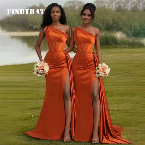 Findthat High Slit Mermaid Bridesmaid Dress for Party One Shoulder Orange Long Evening Prom Dress Wedding Guest Dress Customized