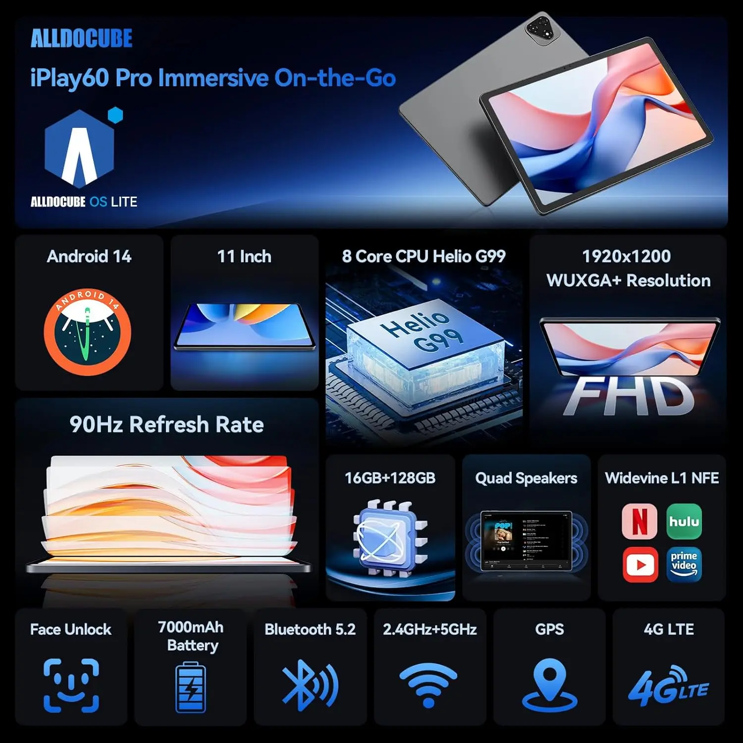 ALLDOToxic-Tablette PuniPlay 60 Pro, 11 pouces, écran 90Hz, 6 Go + 6 Go de RAM, 128 Go, Android 14, Dean, Helio G99, Octa Core, 7000mAh, 4G, persévérance et Wi-Fi