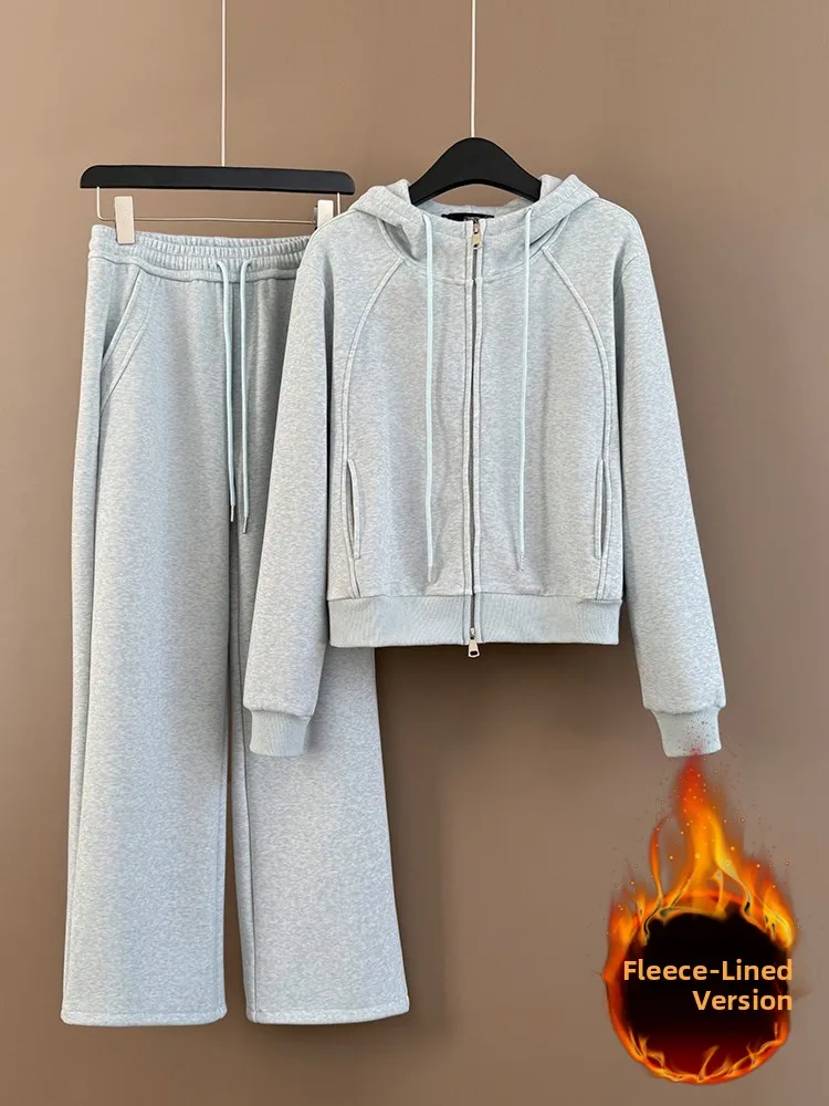 

Thickened Fleece Casual Sportswear Set for Women Winter 2026 Wide Leg Pants Hooded Long Sleeve Zipper Closure Two-Piece Suit