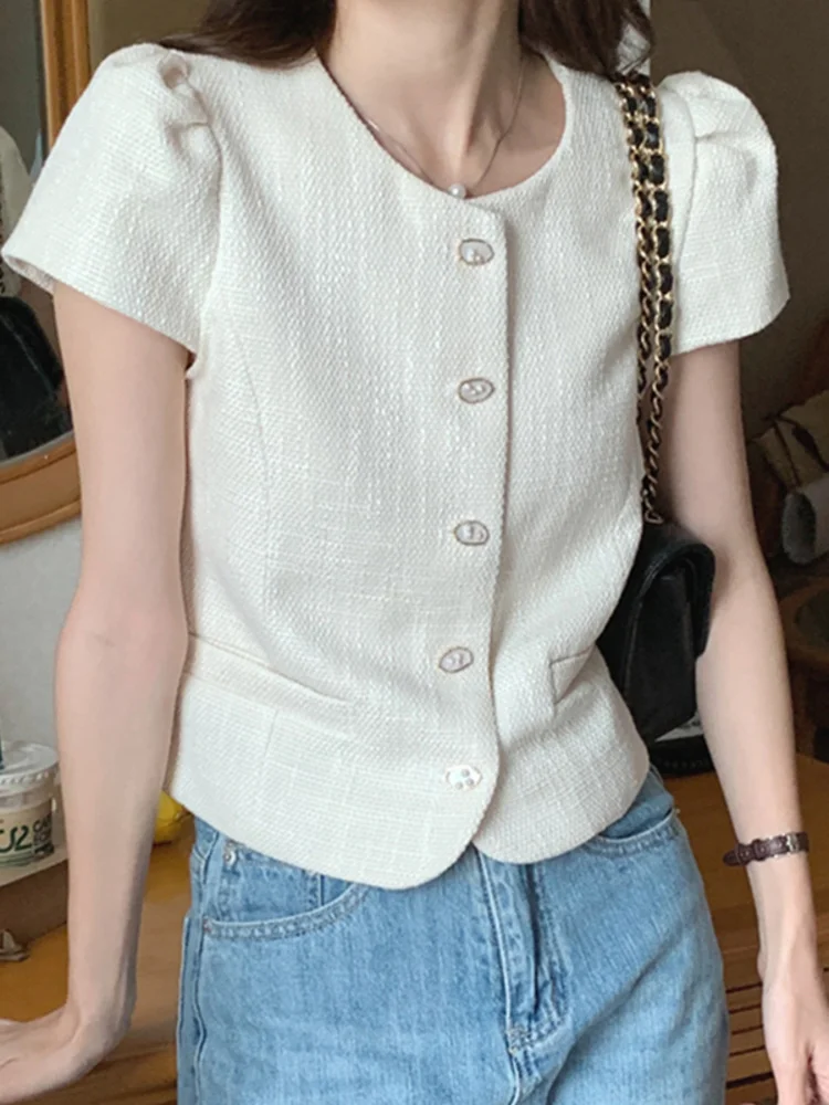 

Women Vintage Single Breasted Tweed Jacket Short Sleeve Contrast Color Wool Blends Short Coat 2023 Summer New Tide Top M907