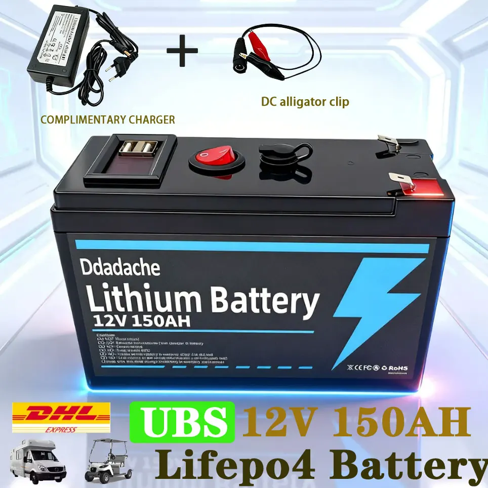 Batterie rechargeable au lithium 12V 150Ah LiFePO4 à cycle profond 4000+ cycles pour éclairage, véhicules électriques, énergie solaire/éolienne, petit onduleur