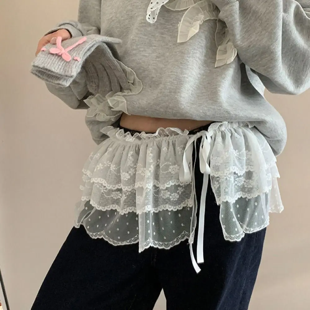 Rok Mini Renda Manis Y2K Rok Kasa Pinggang Tinggi Gaya Korea Rok Tepi Ruffle Bunga Bertali Wanita