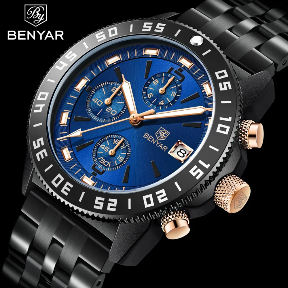 

BENYAR 2021, новые мужские часы, кварцевые деловые мужские часы, лучший бренд, роскошные мужские часы из нержавеющей стали с календарем, хронограф