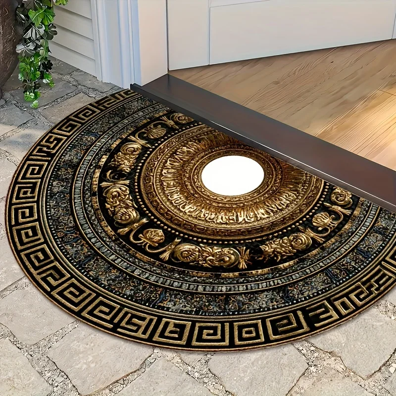 Luxury Peacock Feather Semi Circle Doormat Vintage Teal Green Rug Elegant Gold Border Welcome Mat For Entrance Front Door
