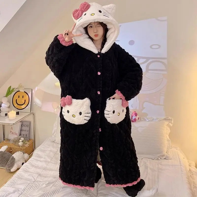 Kawaii Hello Kittys Pajamas Hooded Women Winter Nightgown Coral Velvet Three-Layer Extra Thick Quilted Thickened Homeclothes Set