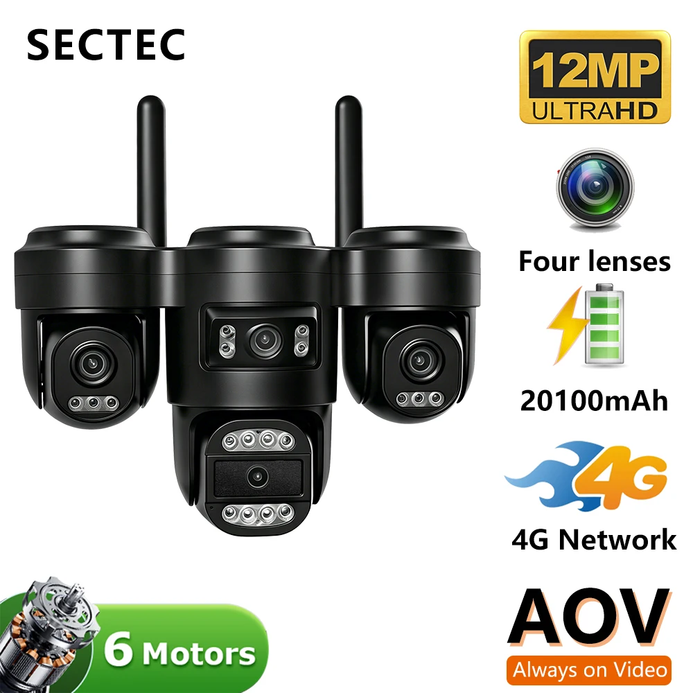 20MP Solar Camera 4 Lenses Outdoor Wireless CCTV, 6 Motors PIR Night Vision AOV Mode IP66 Waterproof