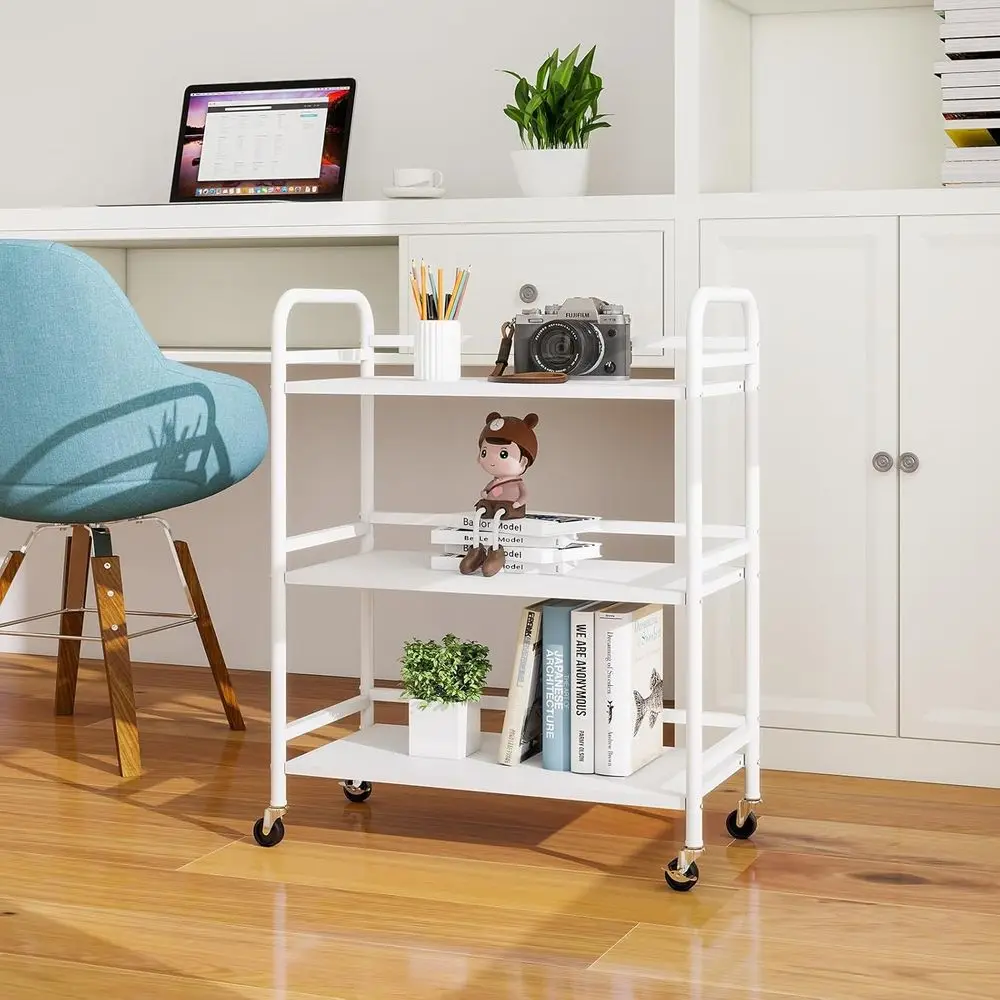 Carro rodante de metal de 3 niveles de gran capacidad con ruedas bloqueables para el hogar, la oficina, la cocina y más - Blanco