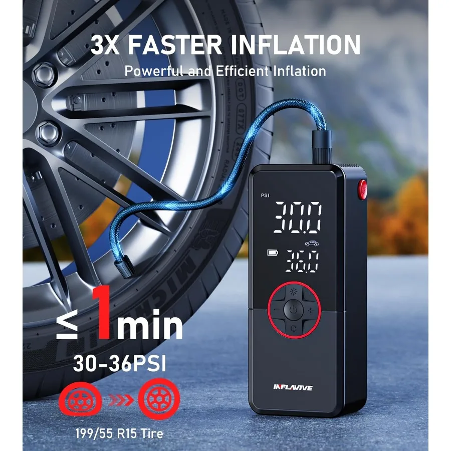Portable Air Compressor Cordless Electric Bike Pump 150PSI Fast Inflation with LED Light Pressure Gauge and Deflation Mode for