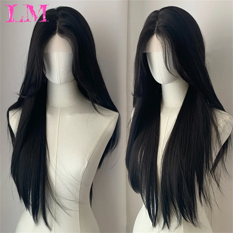 LM Long Straight Black Lace Front Wig Natural Black Pre Plucked Synthetic Lace Front Wig For Women Glueless Heat Resistant Fiber