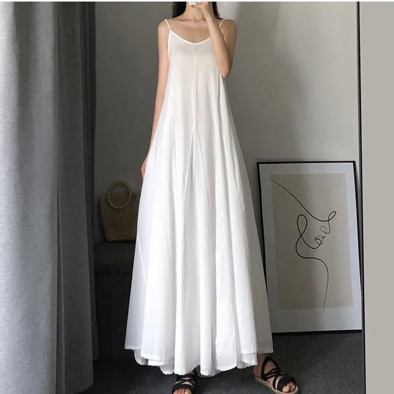 Gidyq Summer Spaghetti Strap Dress Women Fashion White Ankle Length Dress Korean Elegant Female All Match Dresses New