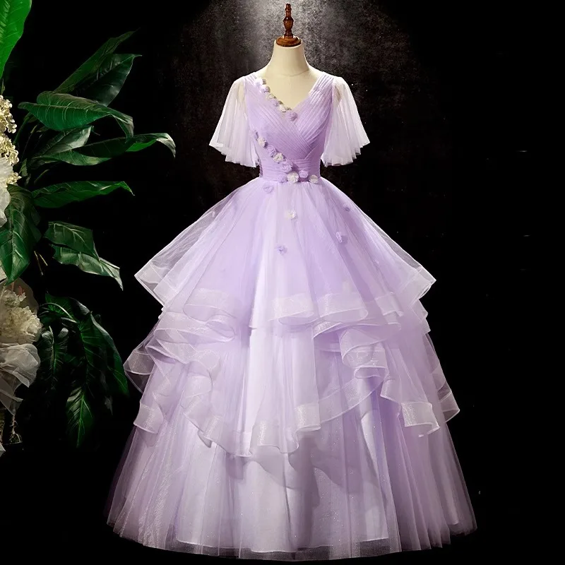 

Customized Ball Gown Dresses Women Tulle V-Neck 3D Flowers Tulle Prom Birthday Party Gowns Customized Wedding Dresses Vestido
