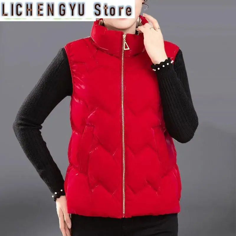 Glossy Down Cotton Vest Women's Short New Middle-aged light Warm Vest Female Standing Collar Sleeveless Parkas Waistcoat