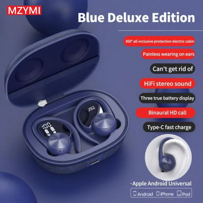 

MZYMI Wireless Earbuds J92 Bluetooth Headphones HiFi Sound Sports Earphones Earhook LED Display Over-Ear Headset Built-in Mic