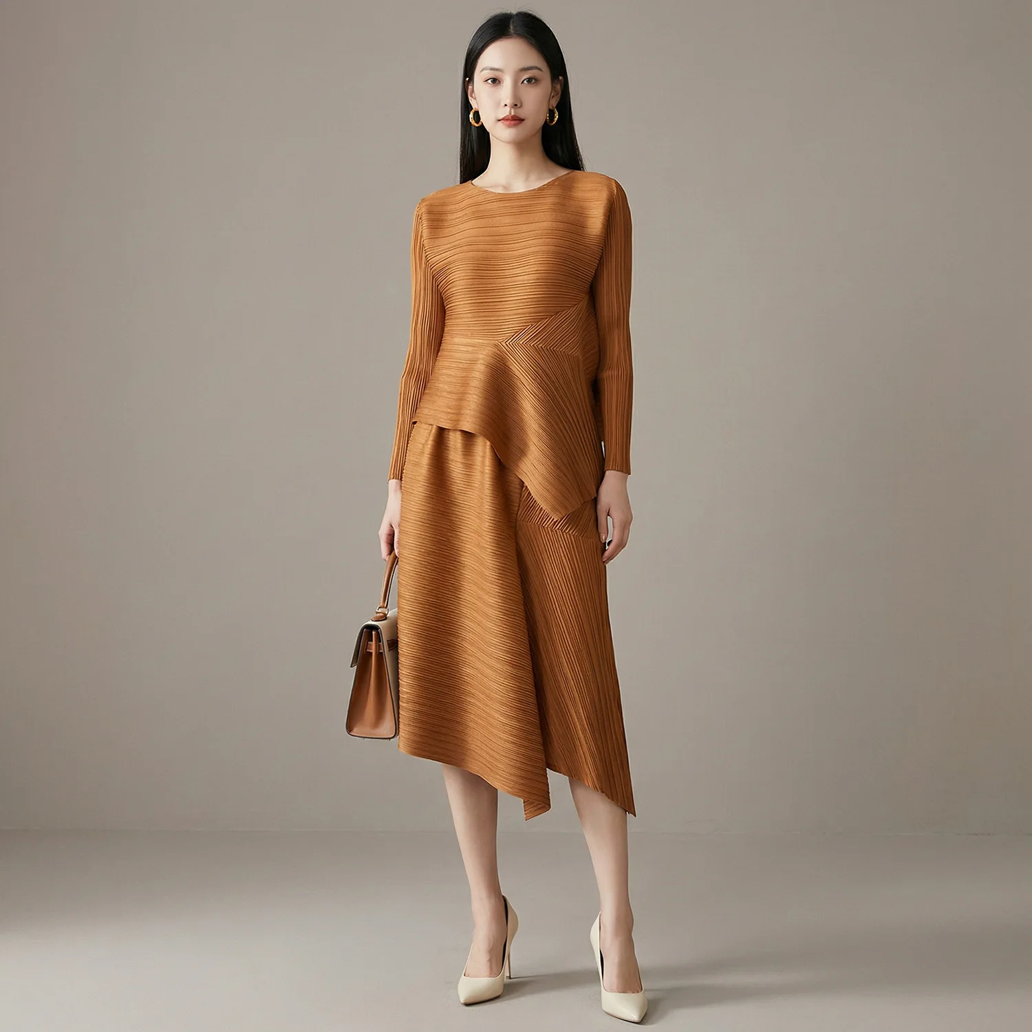 

Miyake Pleated 2026 Spring Women's Fashion Irregular Long-sleeved Suit Two-piece T-shirt Loose Peplum Half-body Skirt Pleated