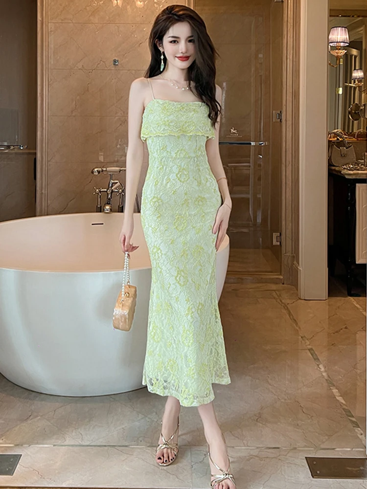 2023 Summer Women's Maxi Dress Sweet Girly Sexy Green Lace Strapless Slip Ruffles Gown Femme Holiday Robe Beach Party Vestidos