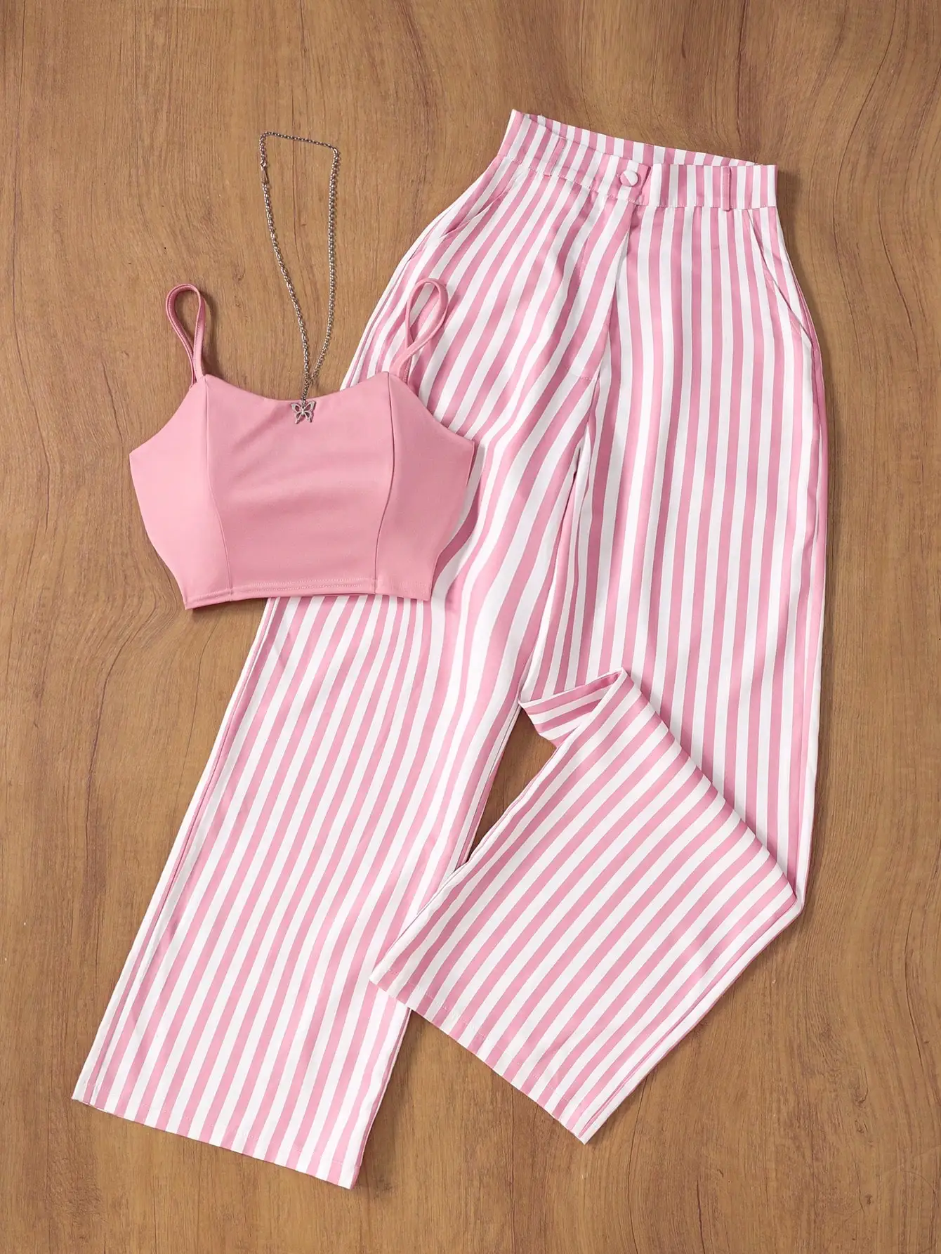 

Комплект из 2 предметов в розовую и белую полоску: топ-бретелька + широкие брюки для весенне-летней повседневной одежды