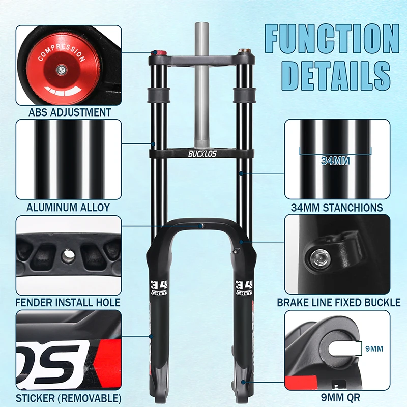 Garpu Suspensi Sepeda BUCKLOS 20/26 inci 4.0 Ban Tebal, Travel 180mm, 9*135mm, Garpu Pegas Oli E-Bike, Garpu Coil Double Crown untuk Sepeda Salju
