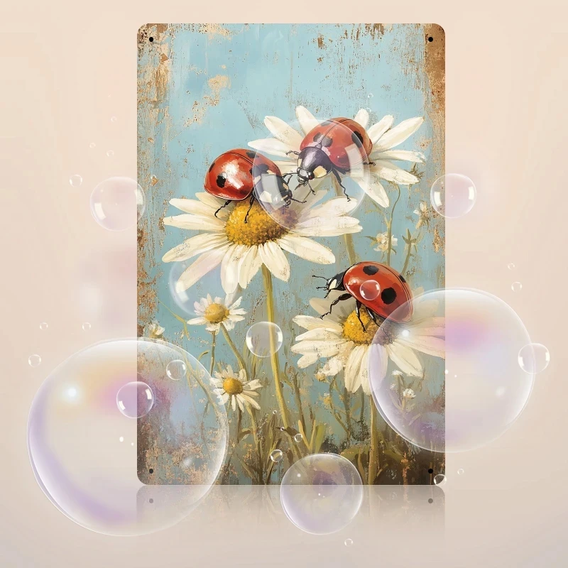 Vintage Ladybug Daisy Metal Sign Iron Made 8x12inch Vintage Wall Decorative Sign Tin Plate Garden Courtyard Porch