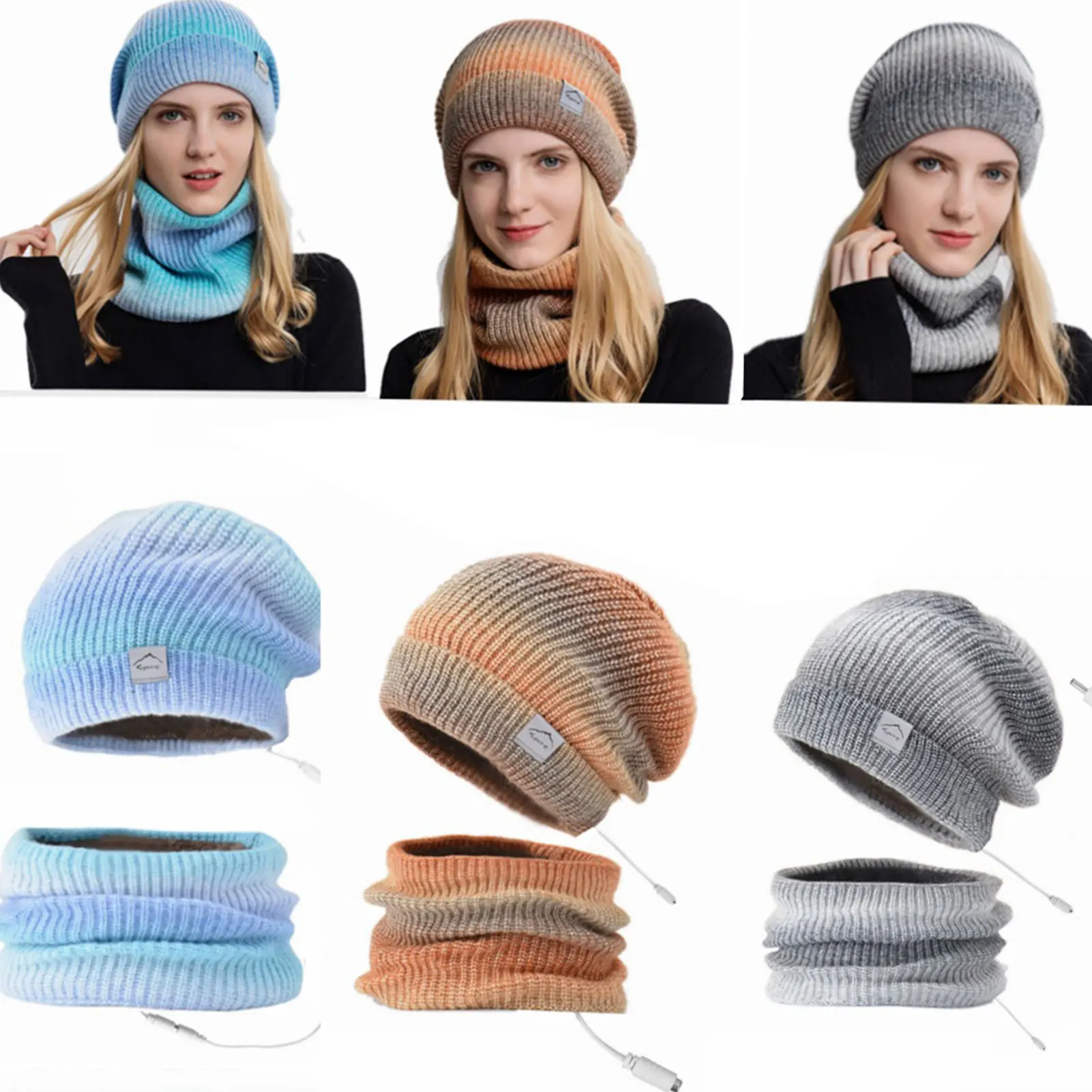 Gorro con calefacción eléctrica USB y calentador de cuello para mujer, conjunto de gorro de esquí grueso de punto suave y transpirable, para Navidad