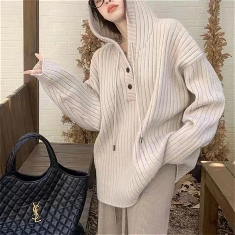 Fashion Loose Solid Knitted Women Pullover Casual Button Hooded Long Sleeve Sweater Fall Winter New Fashion Female Streetwear